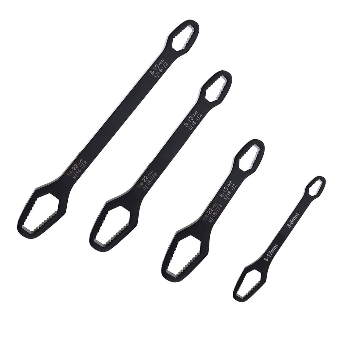 Black multifunction adjustable wrench set with four different open ends and size markings