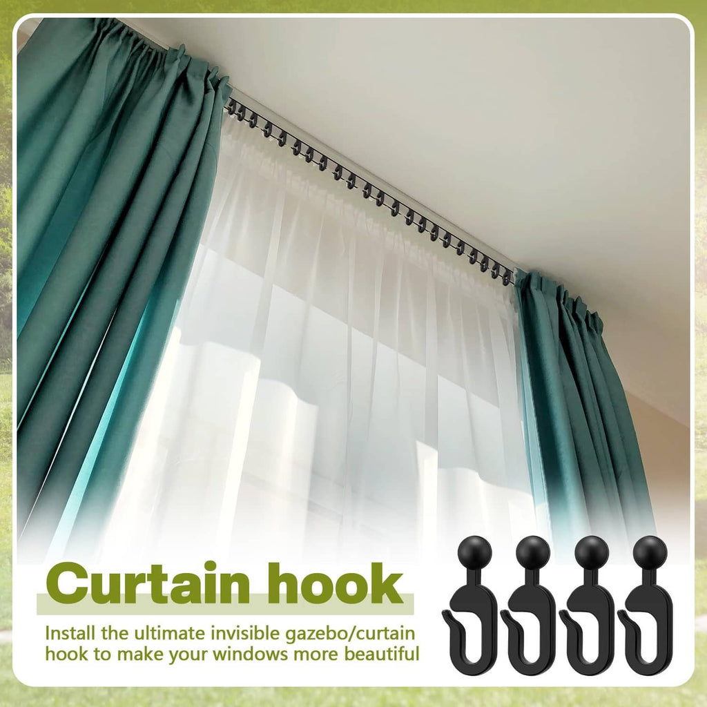 Black curtain hook clips attached to a top rail for gazebo drapes and netting