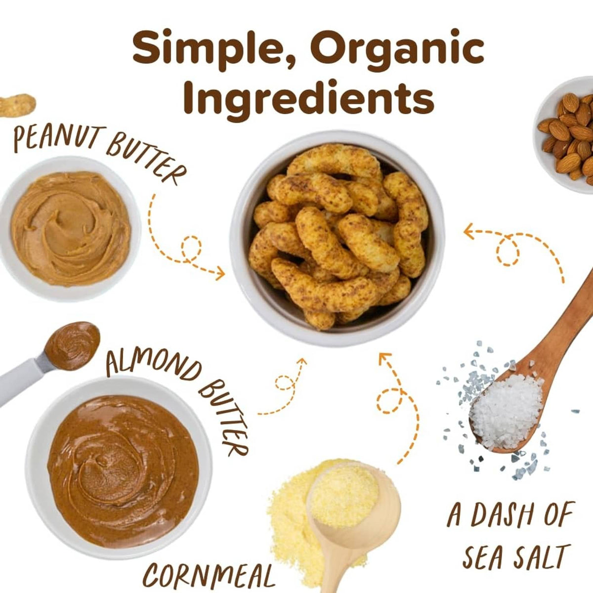 Organic puff snack ingredient bowls: peanut butter, almond butter, cornmeal, sea salt