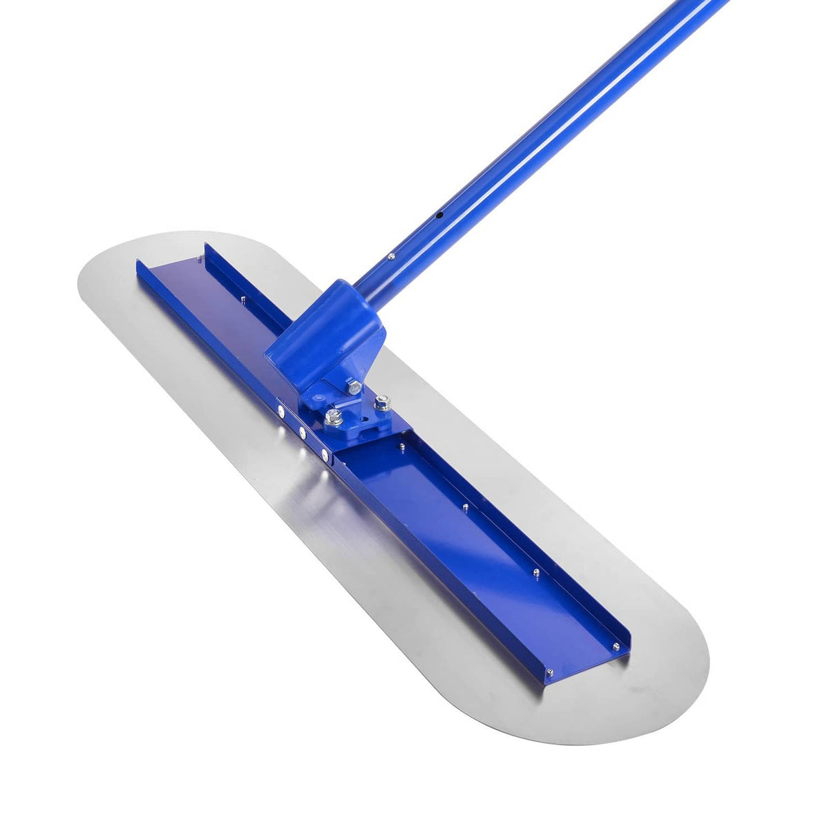 Concrete bull float with blue frame and large oval metal float plate