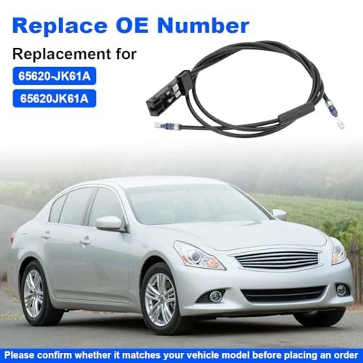 Hood release cable replacement with rectangular OE-style connector and blue wire terminals.