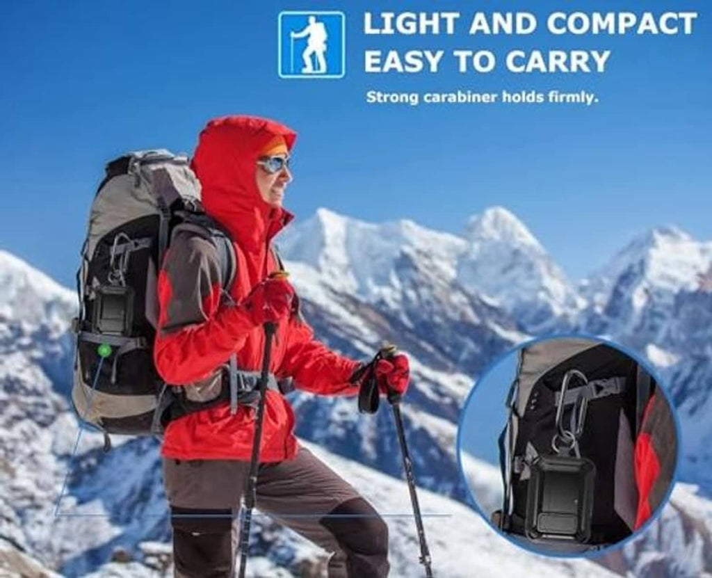 Black earbud case with carabiner clip attached to a backpack strap