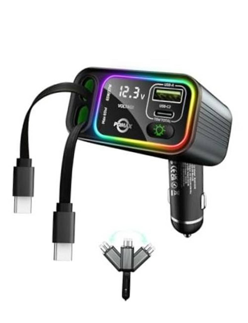 Retractable dual USB-C car charger with LED display and two cable ends