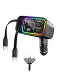 Retractable dual USB-C car charger with LED display and two cable ends