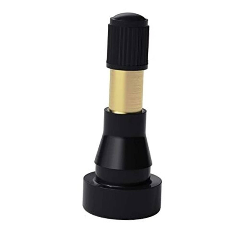 Snap-in tire valve stem with black rubber base and gold brass body