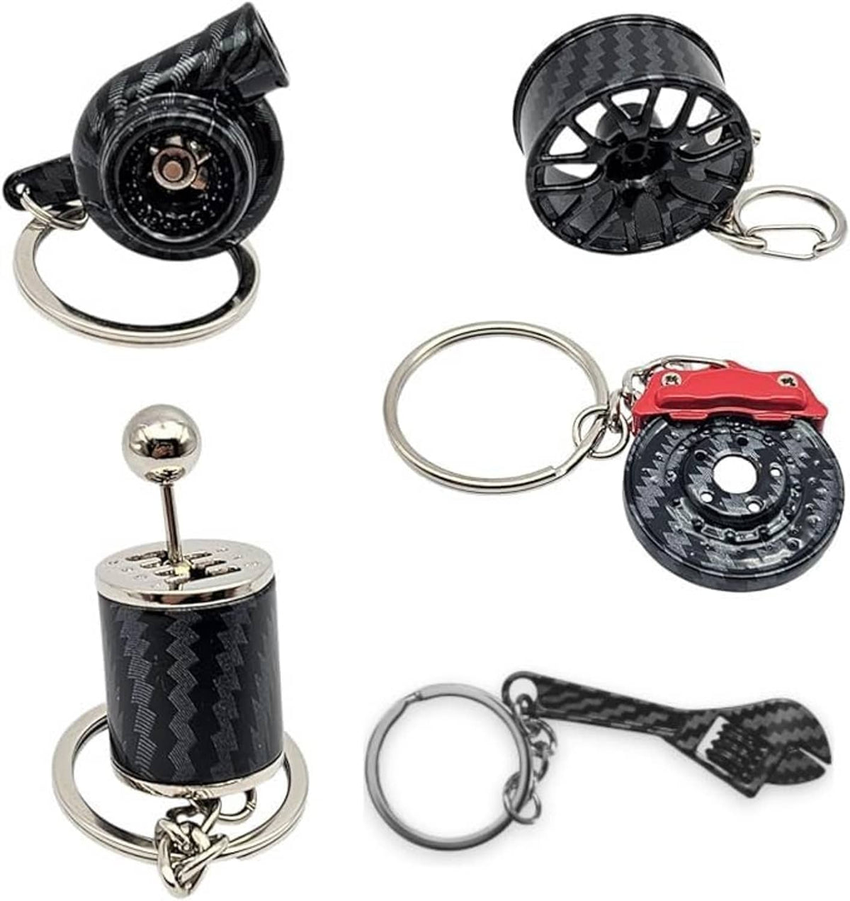Auto parts keychain set featuring black carbon-fiber turbo, wheel, and red vehicle charm