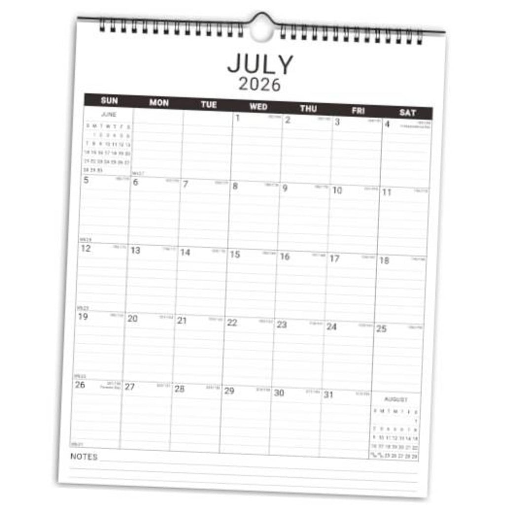 White vertical wall calendar page for July 2026 with notes grid