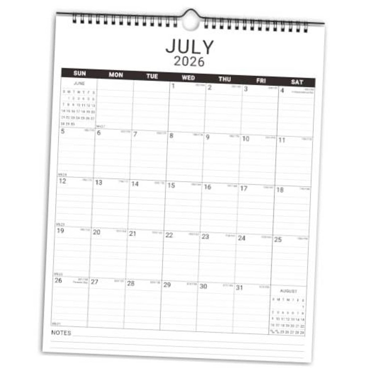 White vertical wall calendar page for July 2026 with notes grid
