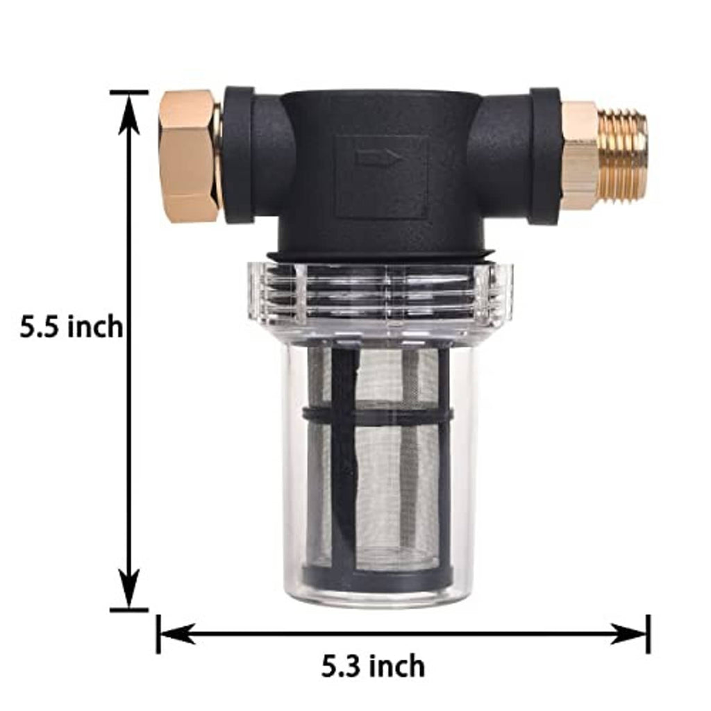 Inline pressure washer hose filter, clear cylinder with black cap, brass threaded ports