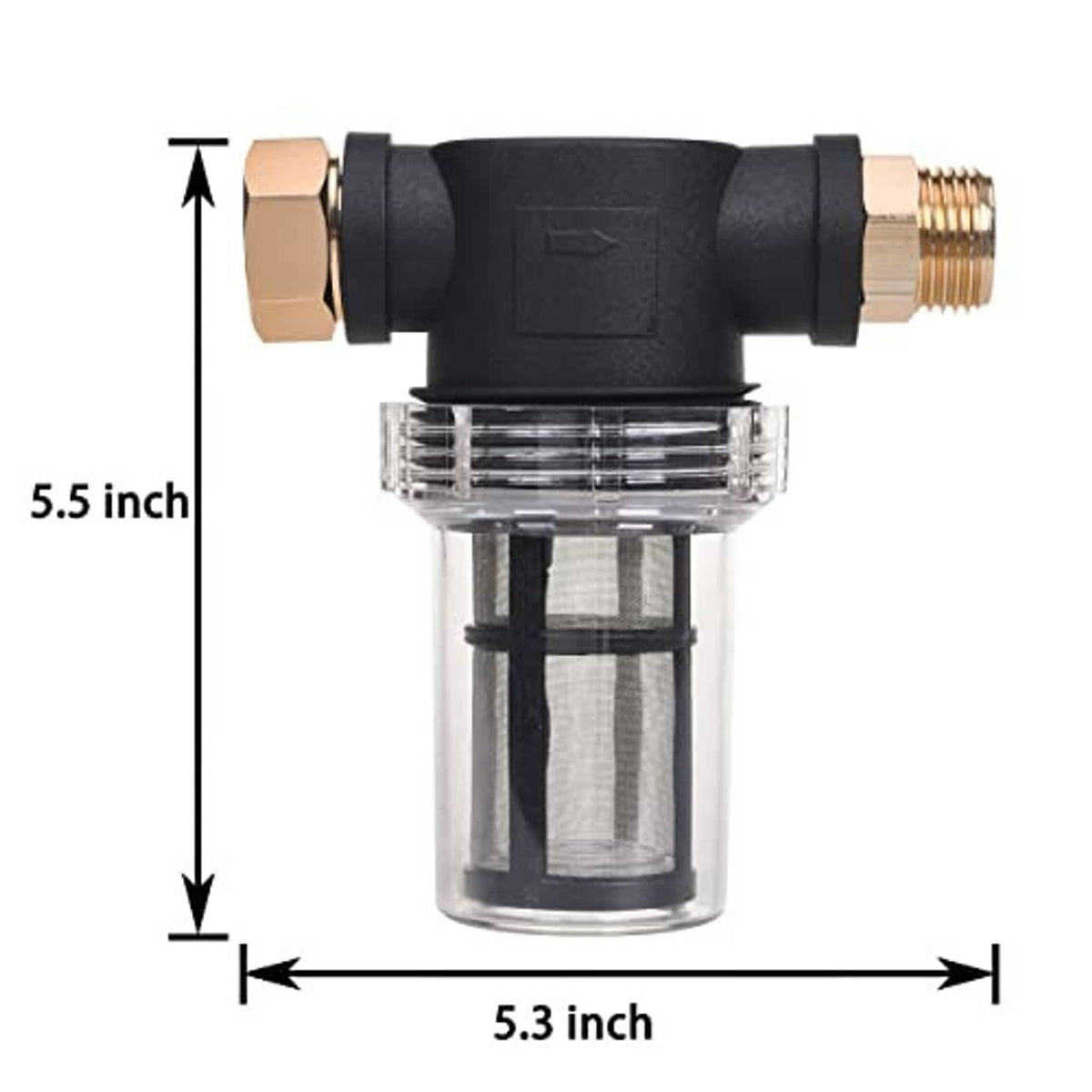 Inline pressure washer hose filter, clear cylinder with black cap, brass threaded ports