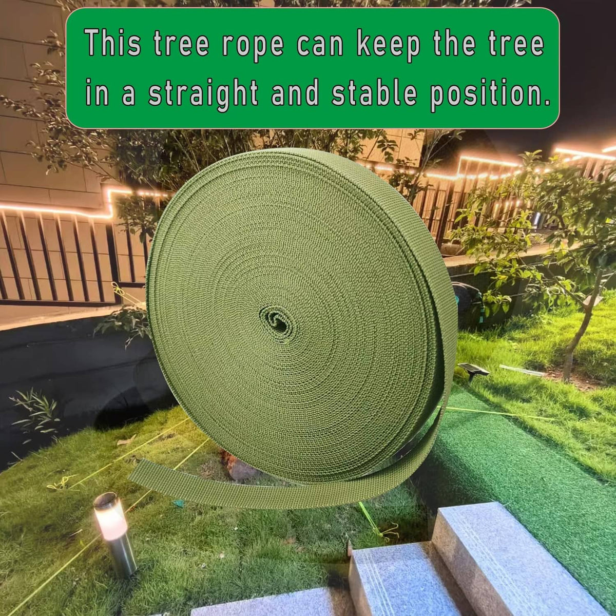 Army green tree rope tie roll and loose strap end, coiled woven webbing