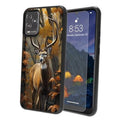Deer camouflage phone case with tempered glass screen protector, black edges, rugged fit.