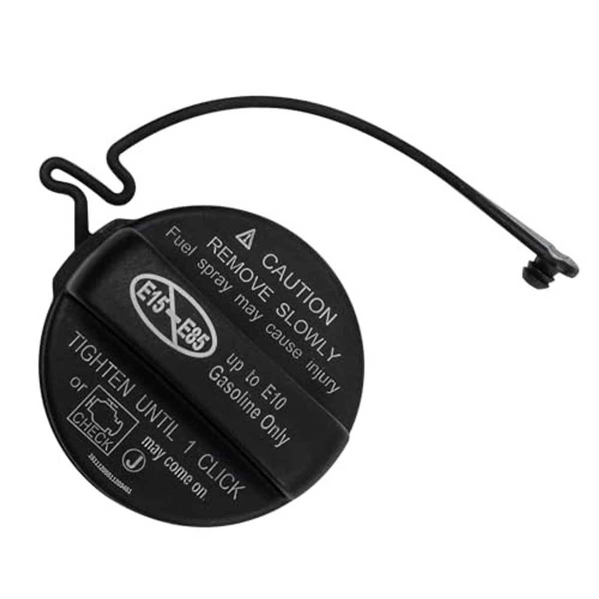 Black fuel tank gas cap back view with tether loop and caution remove slowly text