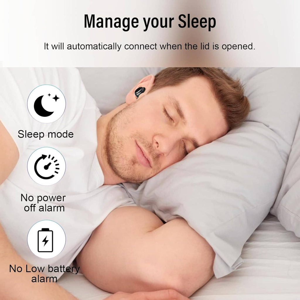 Sleep earbuds in a man’s ears while lying asleep on a white pillow