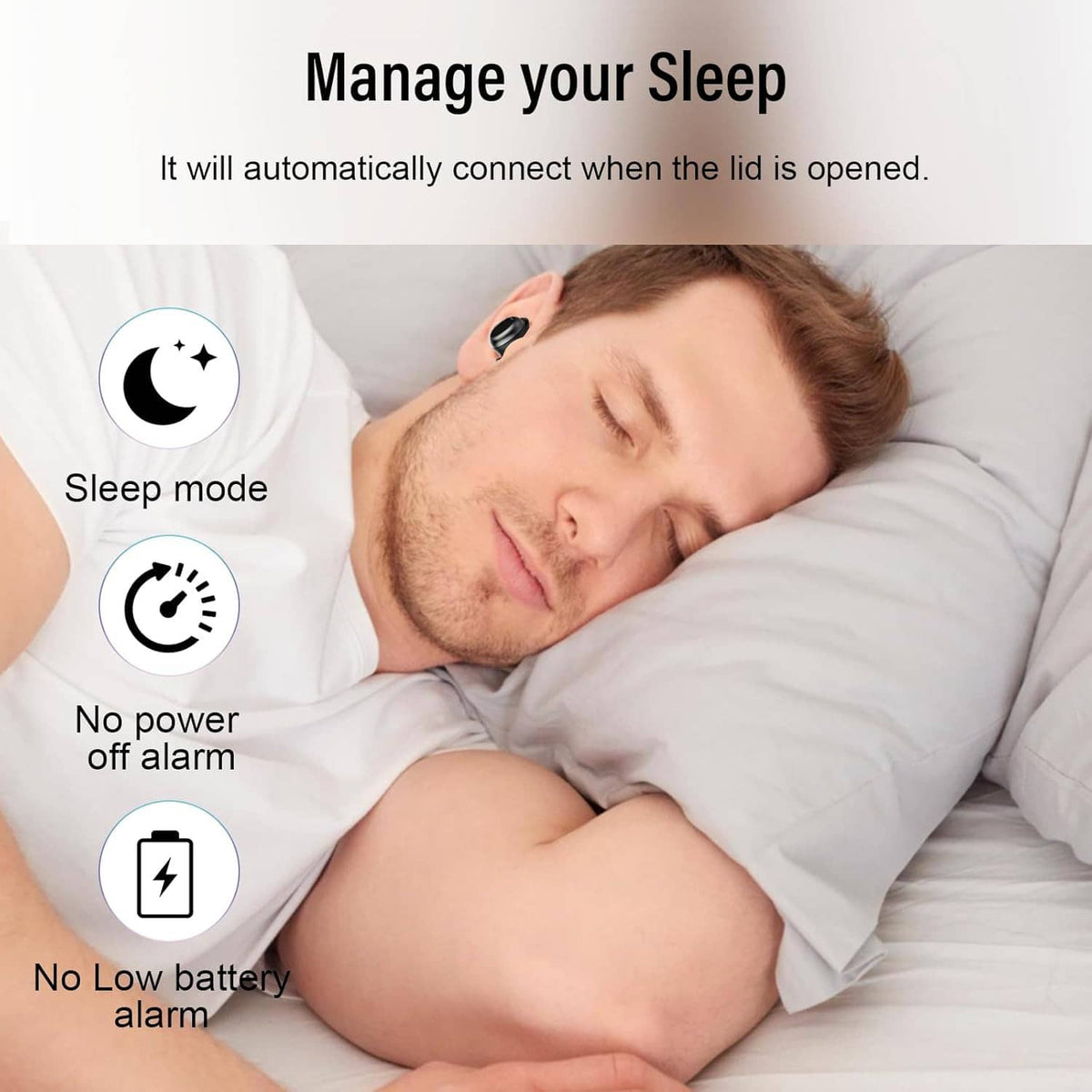 Sleep earbuds in a man’s ears while lying asleep on a white pillow