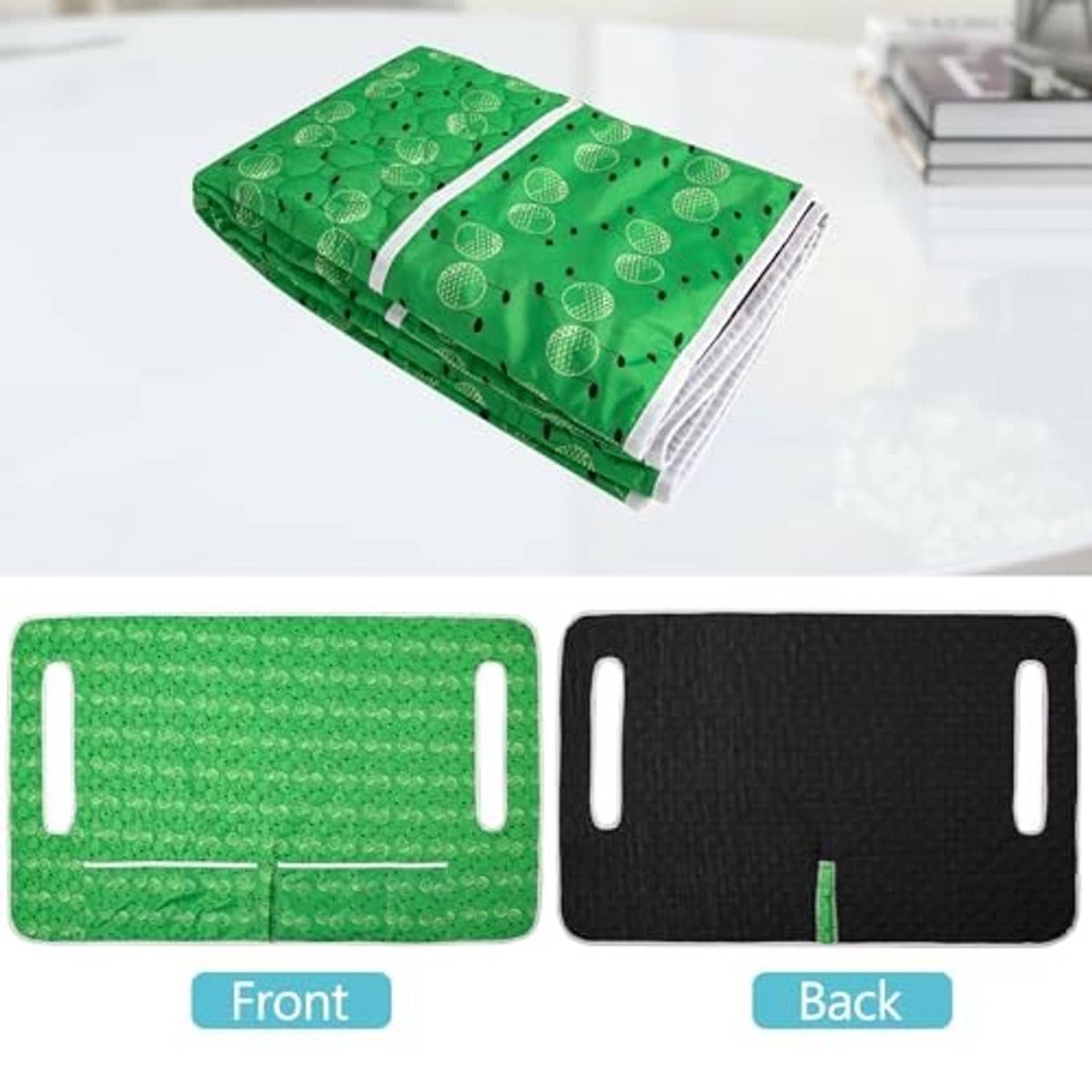 Green front and black back seat cover panels with handle cutouts and center seam