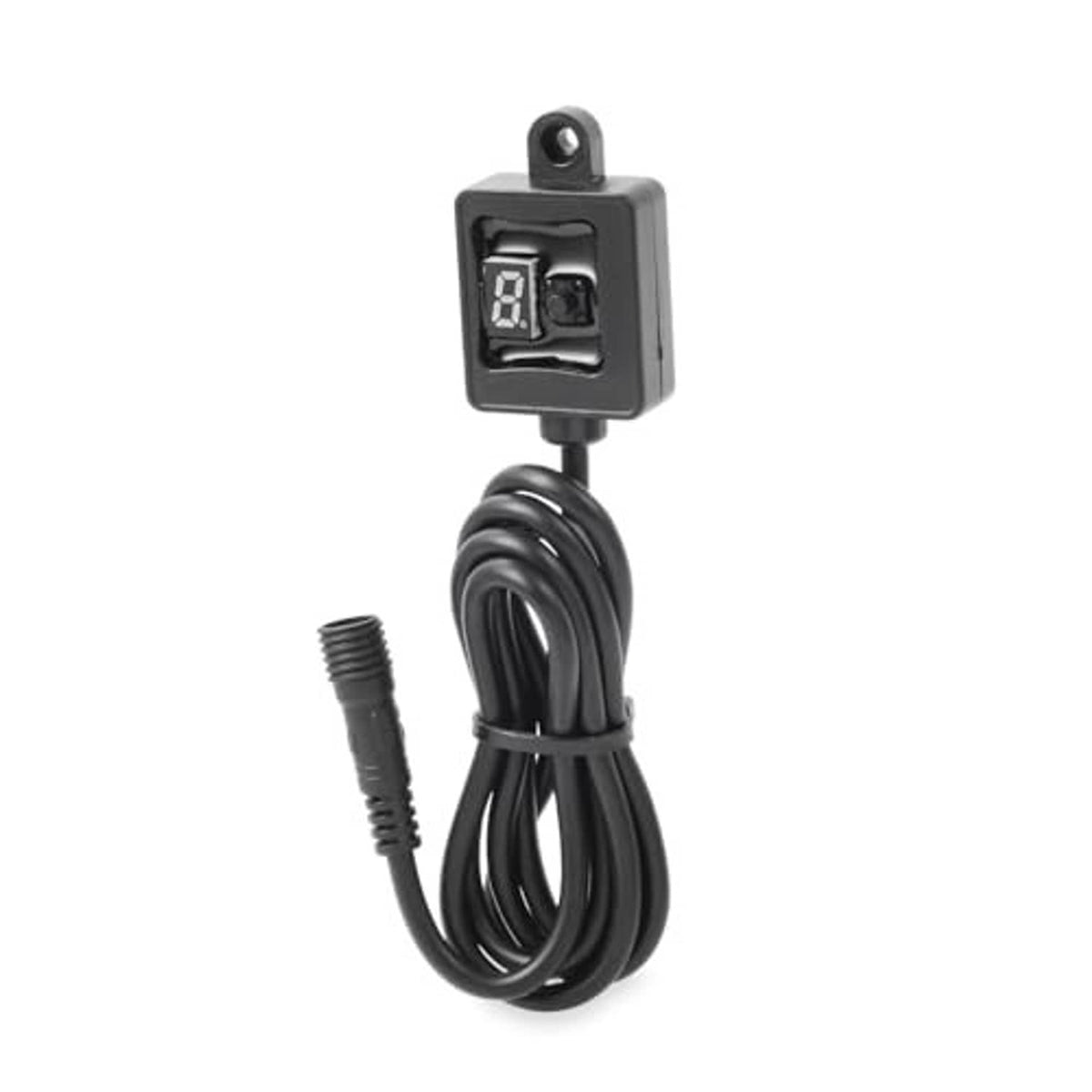 Black digital display box with mounting hole and coiled black cable