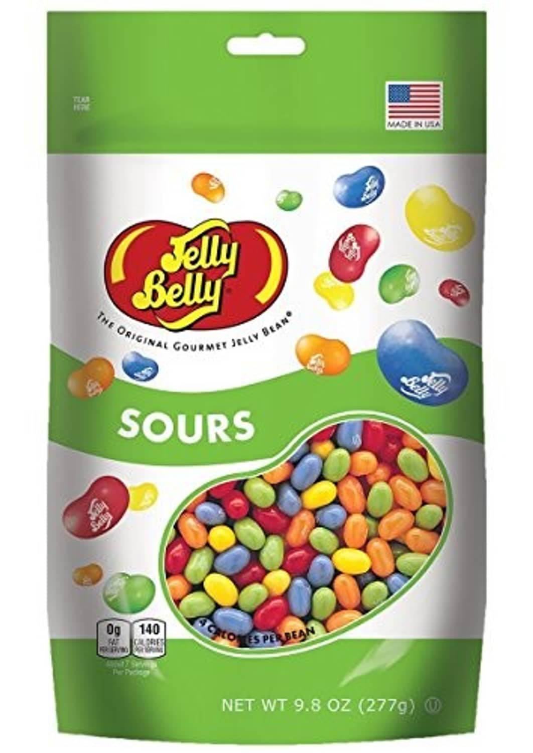 Sours jelly bean bag, resealable stand-up pouch with colorful beans graphic