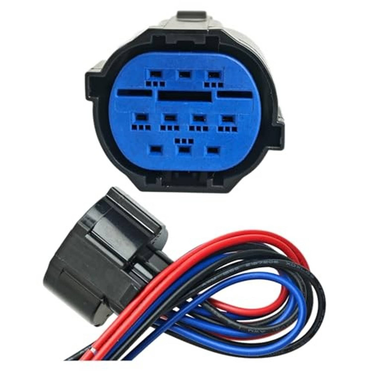 Headlight connector pigtail with blue multi-pin face and prewired red, blue, black leads