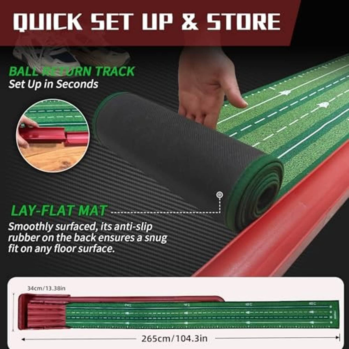 Rolled green golf putting mat with lay-flat non-slip backing and auto ball return