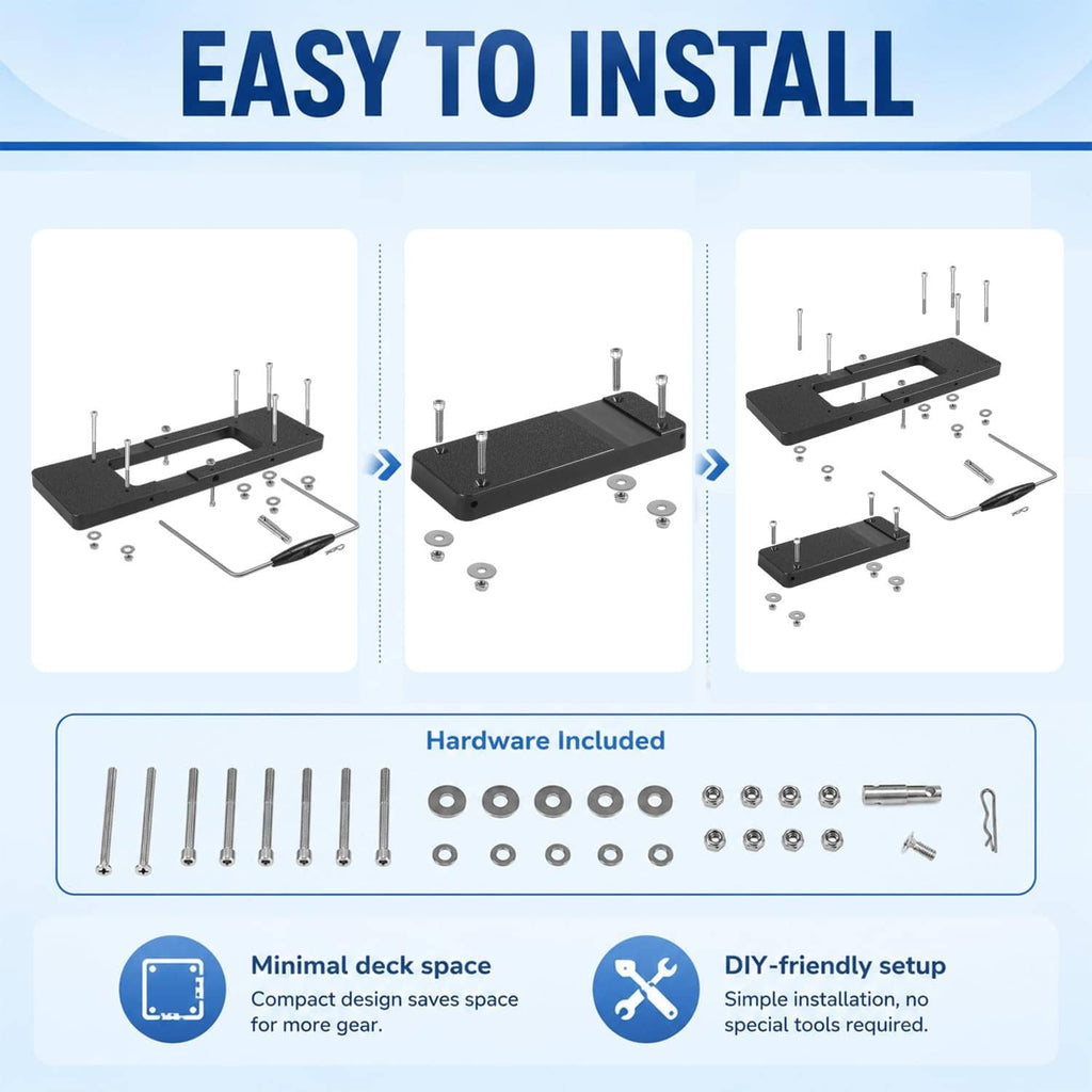 Black quick-release bracket with included mounting hardware and tools