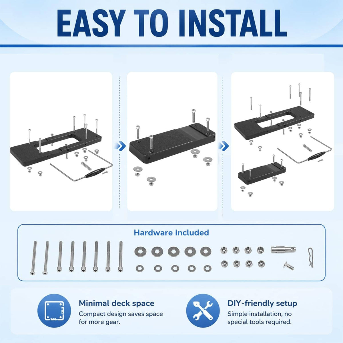 Black quick-release bracket with included mounting hardware and tools