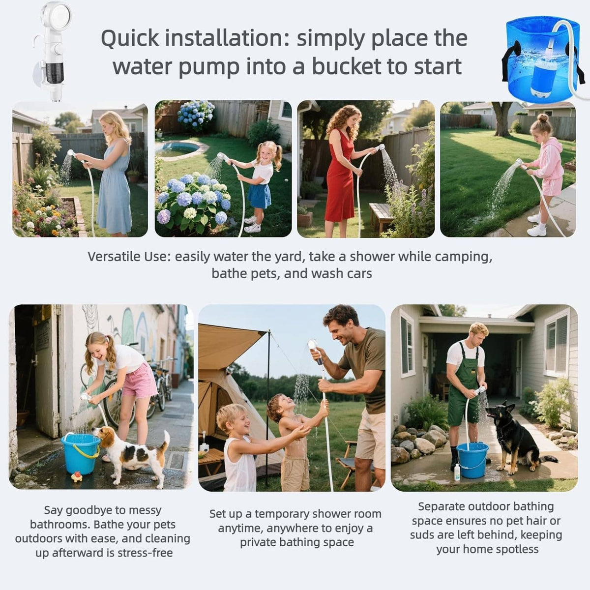 Portable camping shower pump setup showing blue tank, hose, and shower spray use