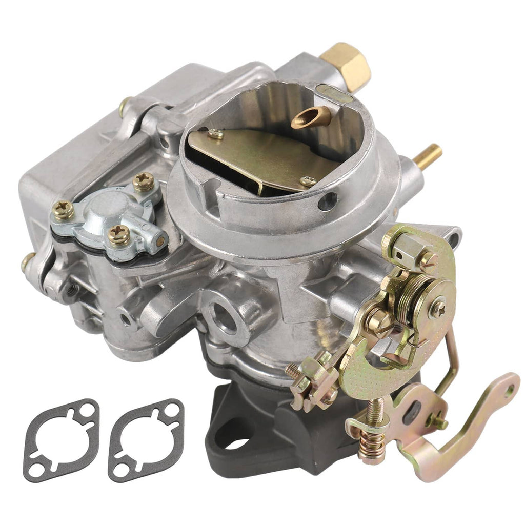 Carburetor assembly with throttle linkage and mounting flange, silver body and brass fittings.