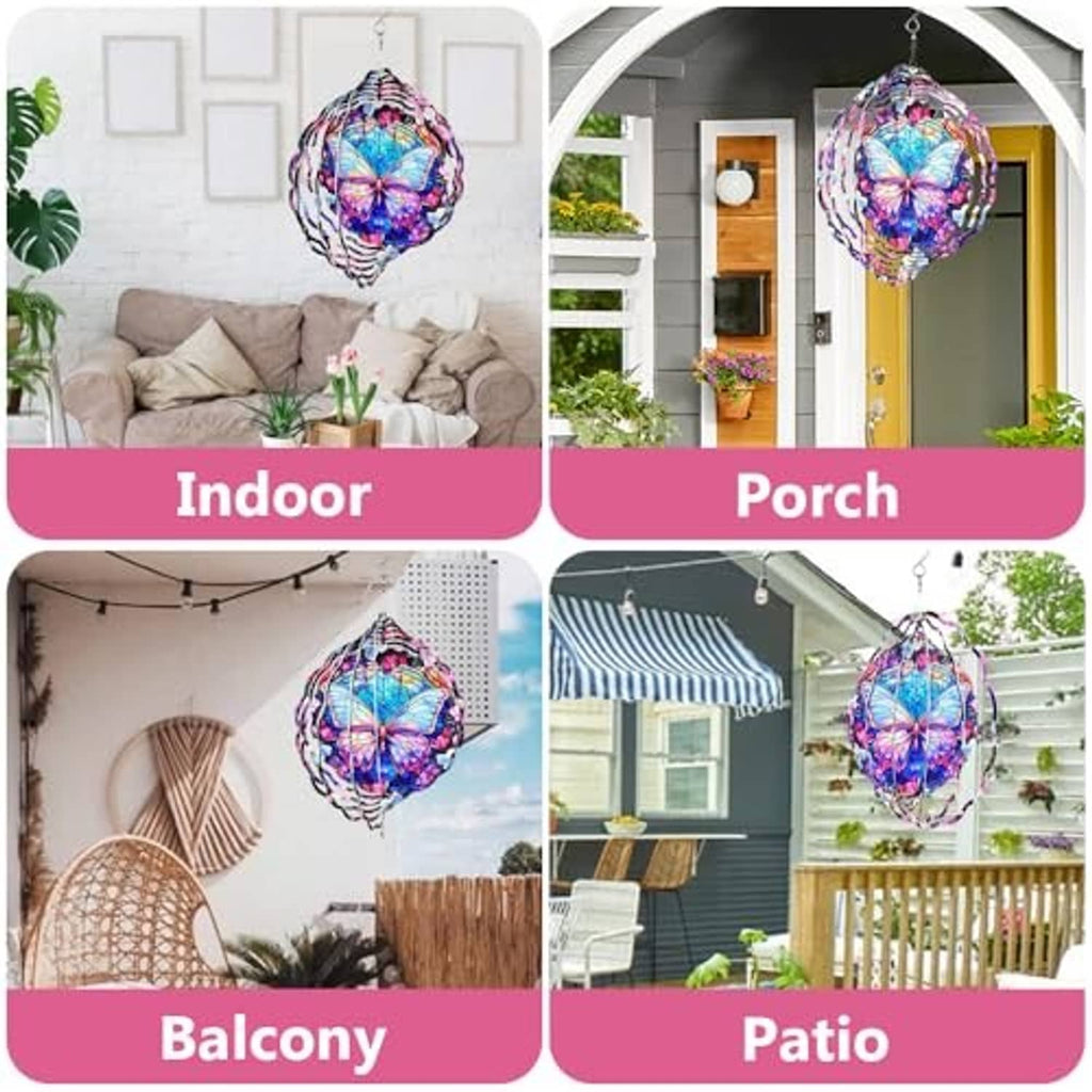 Butterfly stained-glass wind spinner hanging from a hook in an outdoor-style setting