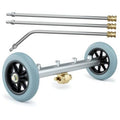 Undercarriage pressure washer attachment with dual extension wands and blue rubber wheels