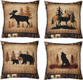 Set of 4 vintage woodland animal throw pillow covers with black silhouettes and paw borders