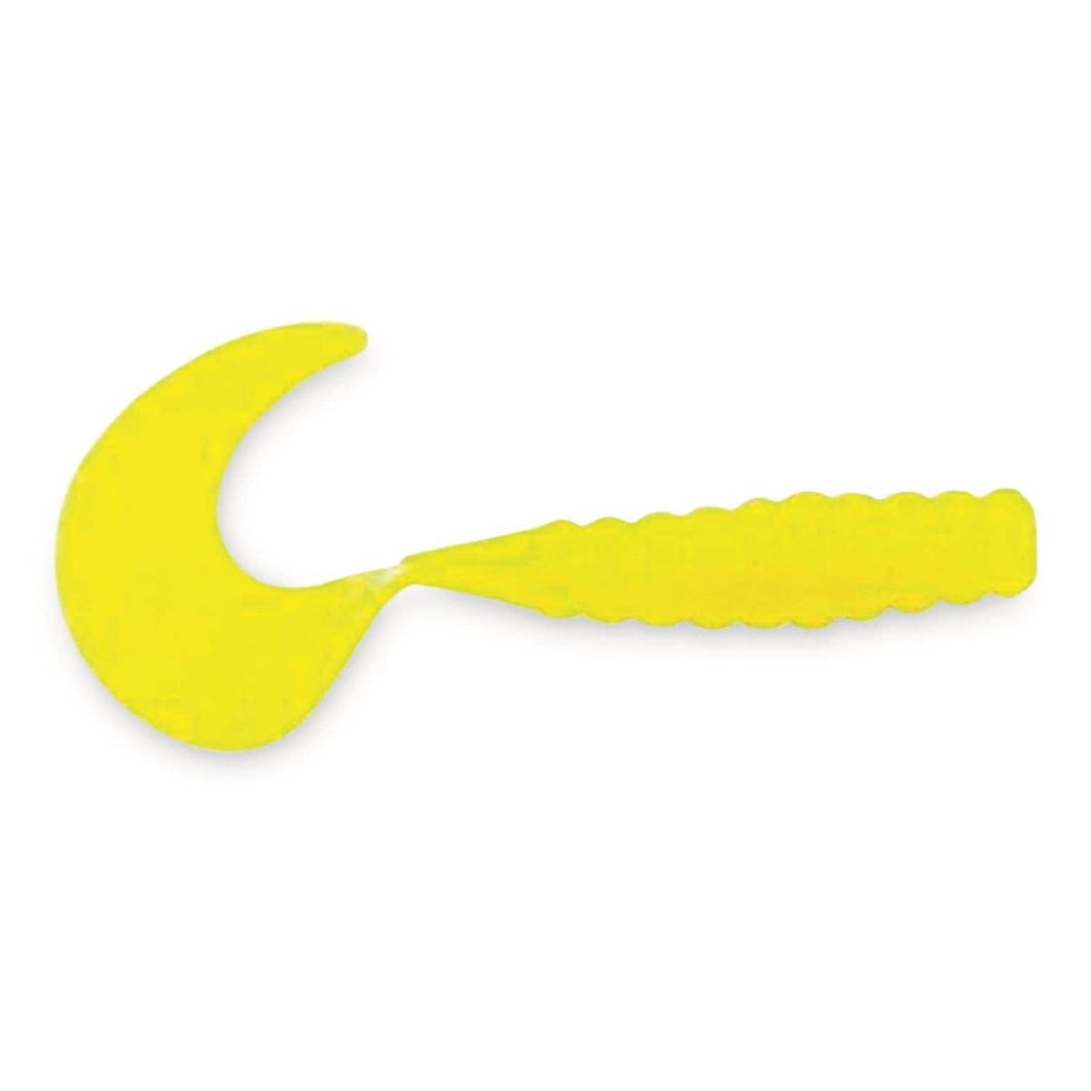 3-inch bright yellow soft plastic fishing grub bait with ribbed body and curled tail