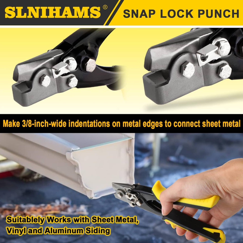 Snap lock punch tool making indentations on metal edge with yellow grip