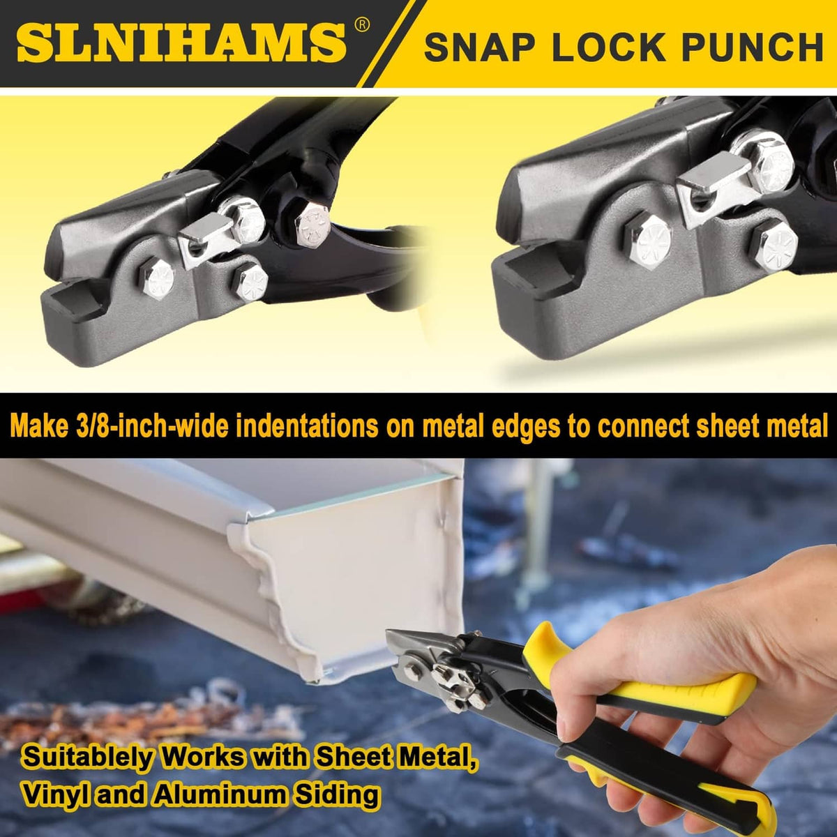 Snap lock punch tool making indentations on metal edge with yellow grip