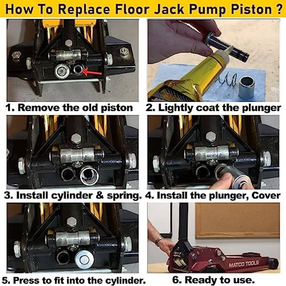 Floor jack pump piston assembly with installed cylinder, spring, and plunger