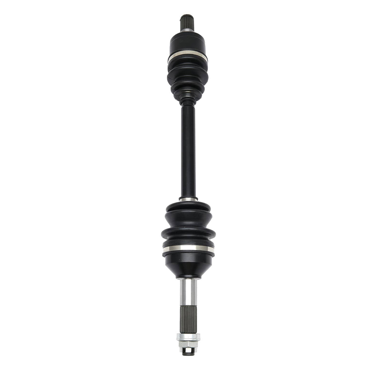 Rear CV axle shaft assembly with black boots and a vertical metal splined end