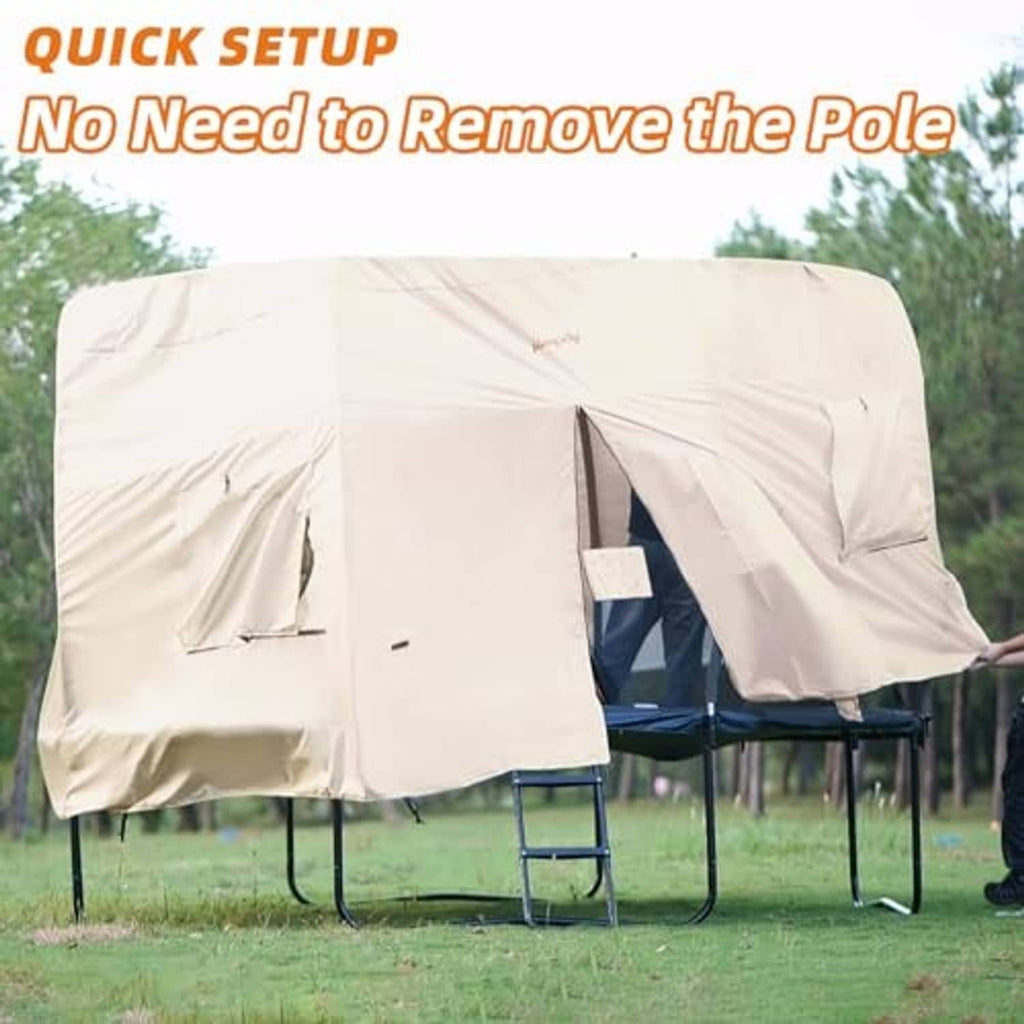 Beige trampoline tent set up on a trampoline, full enclosure with front opening