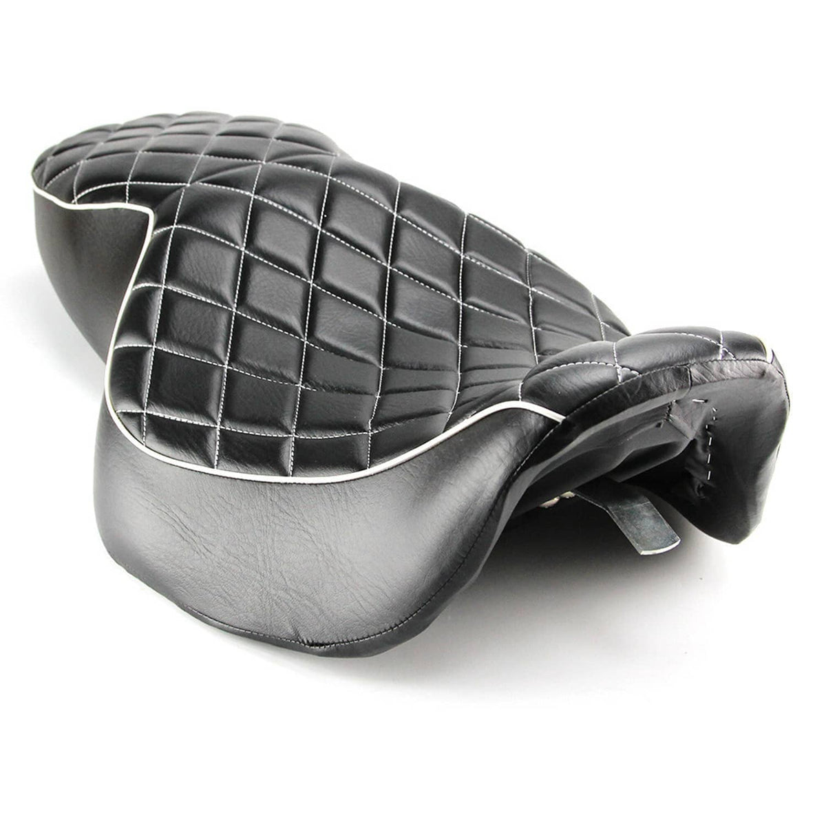 Black wide two-up motorcycle seat with diamond stitching and white contrast piping; view close.