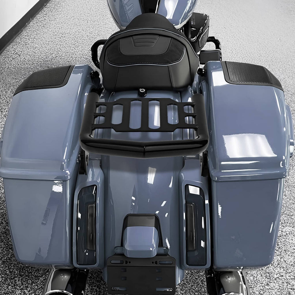 Black metal detachable luggage rack with slotted platform on motorcycle trunk