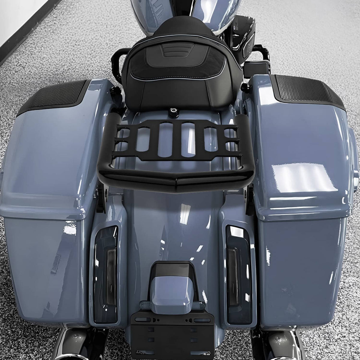 Black metal detachable luggage rack with slotted platform on motorcycle trunk