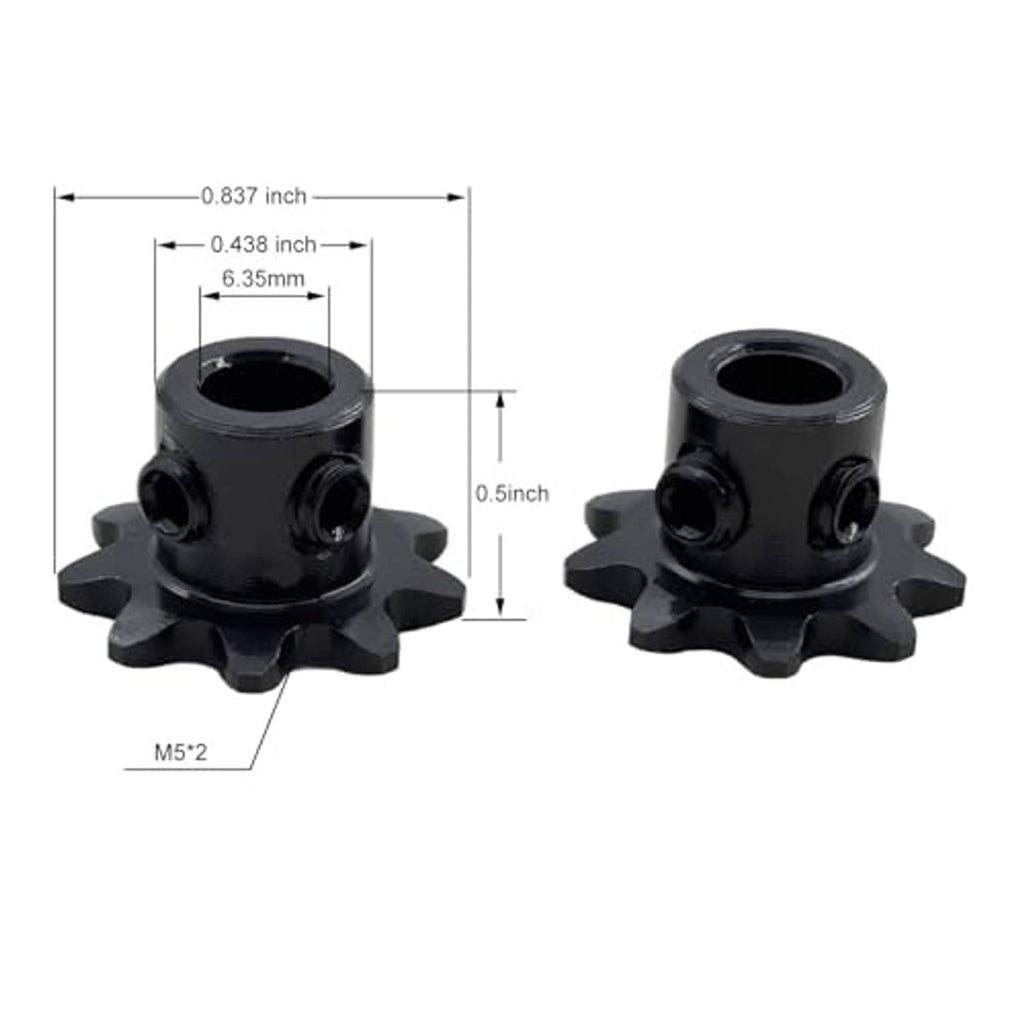 9-tooth sprocket size diagram showing 6.35mm bore, depth, and M5*2 thread