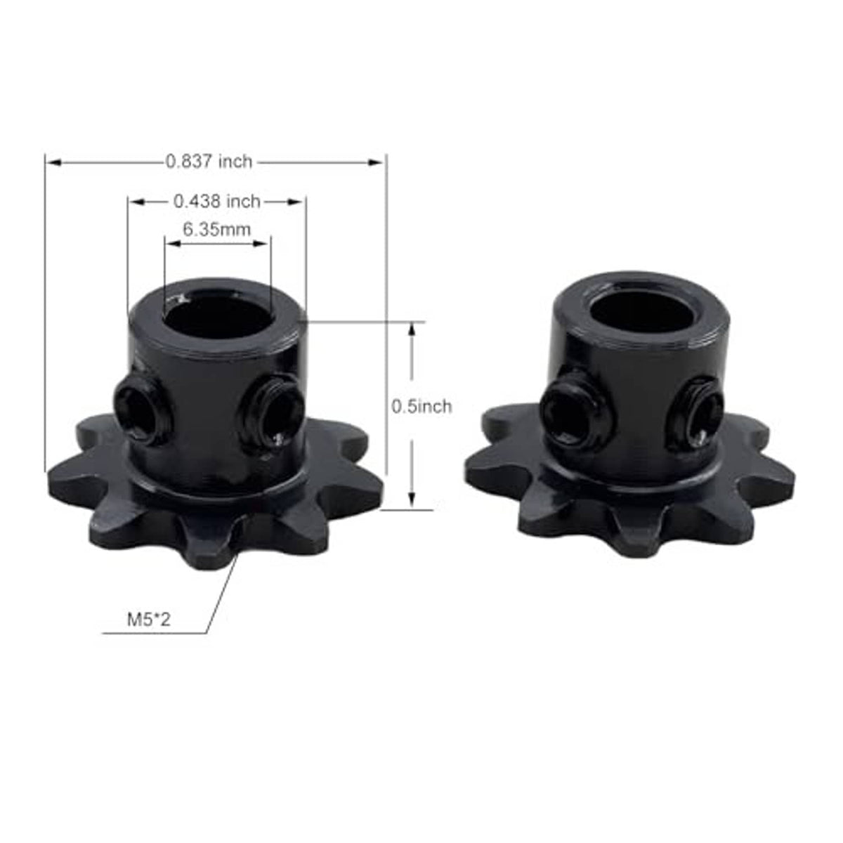 9-tooth sprocket size diagram showing 6.35mm bore, depth, and M5*2 thread