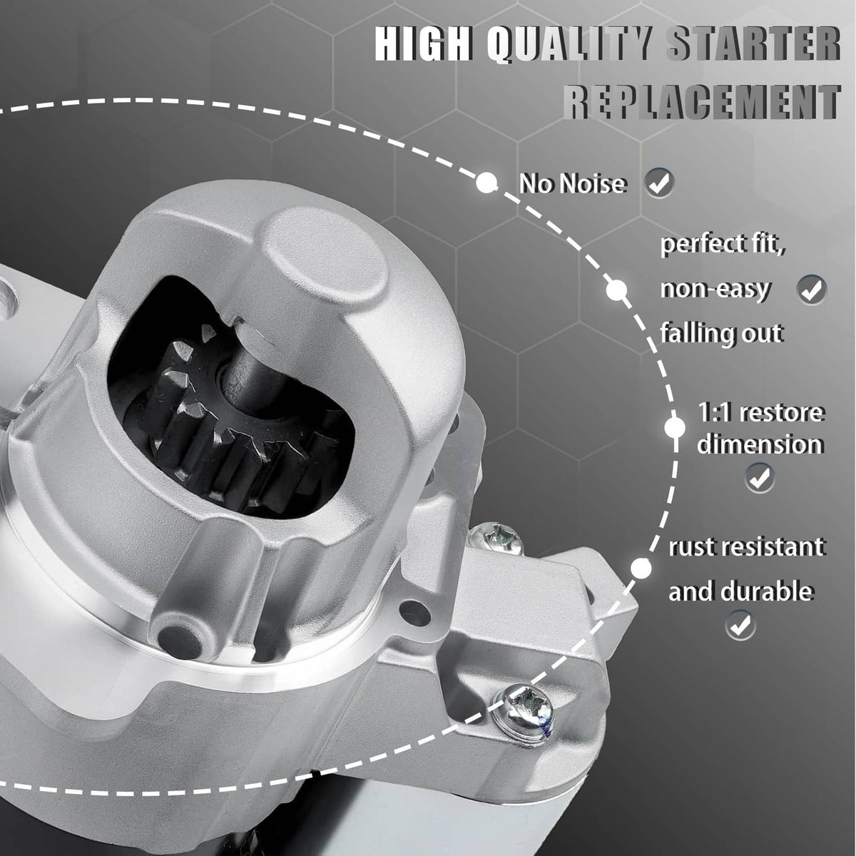 Starter motor drive end with silver gear assembly and surrounding black housing