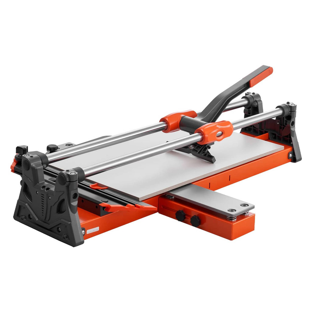 Manual tile cutter with long silver guide rails, orange base, black cutting head