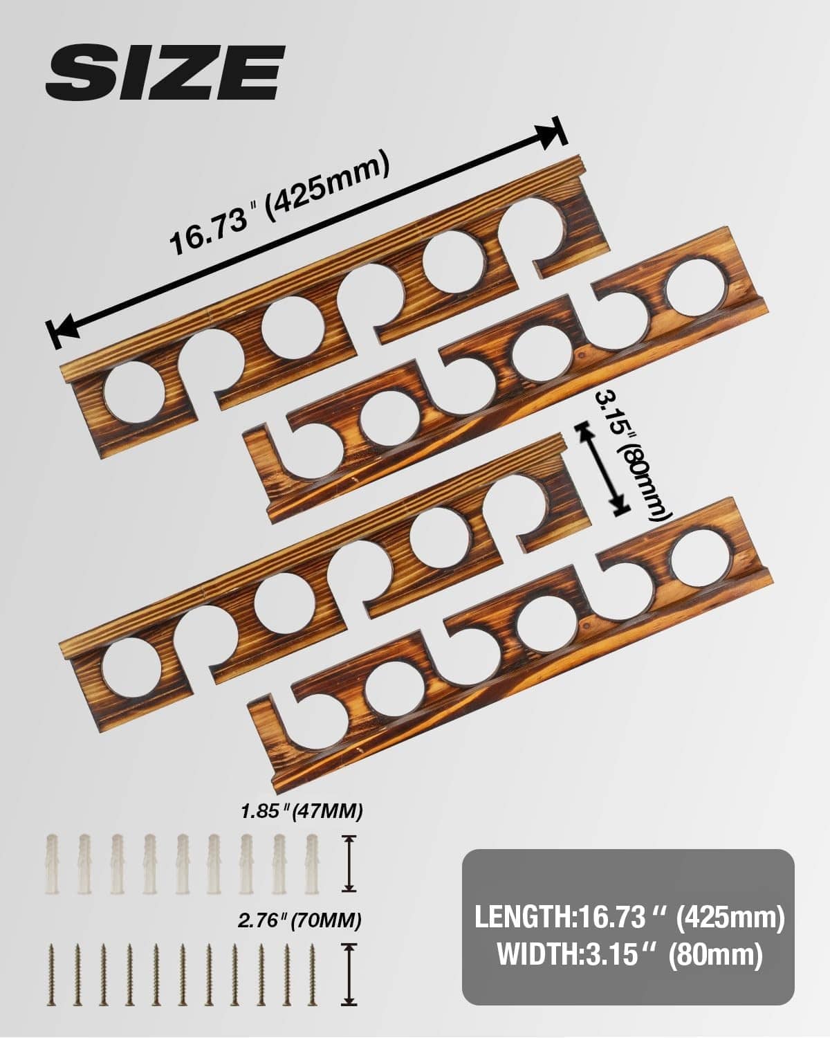 Brown wood fishing rod rack set with multiple circular rod holes on two bars