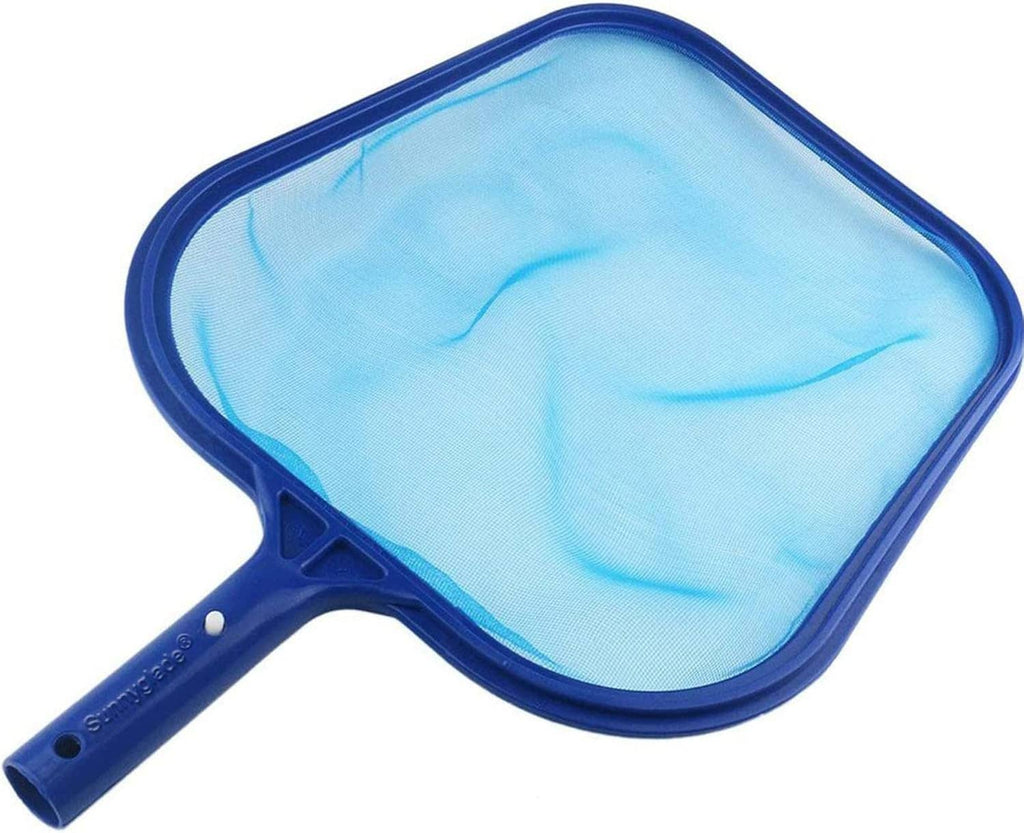Blue pool leaf rake with fine mesh net and short handle, rectangular frame
