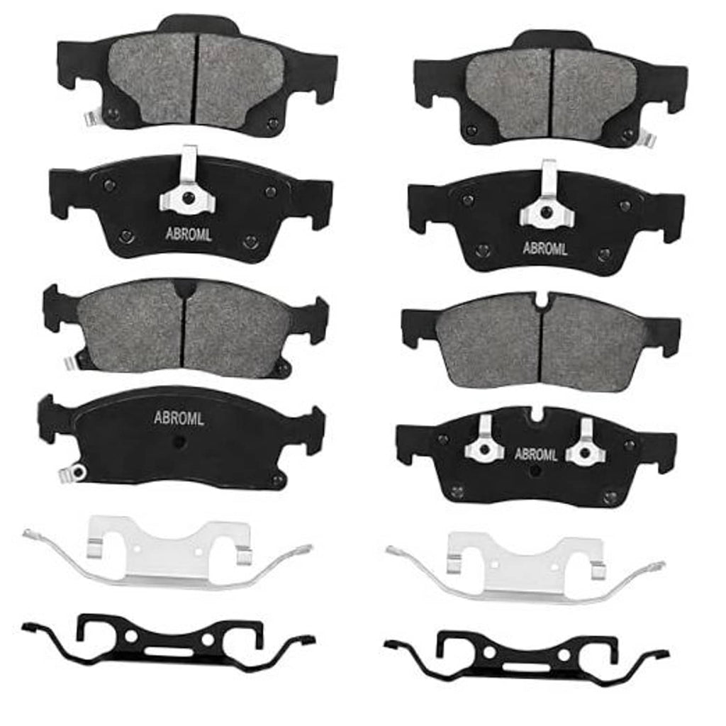 Ceramic brake pads set, grey friction faces and black backing plates, front and rear views