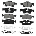 Ceramic brake pads set, grey friction faces and black backing plates, front and rear views