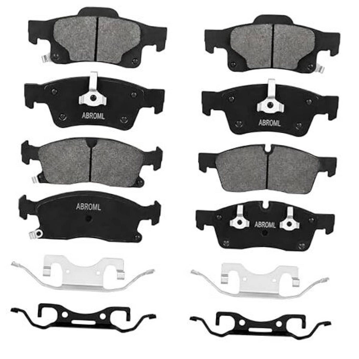 Ceramic brake pads set, grey friction faces and black backing plates, front and rear views