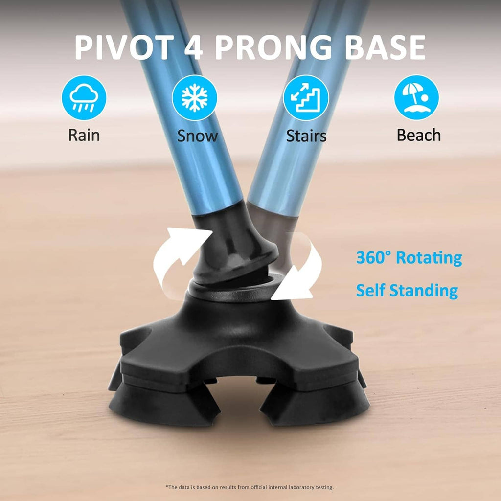 Folding walking cane with 4-prong pivot base and 360° rotating self-standing foot.